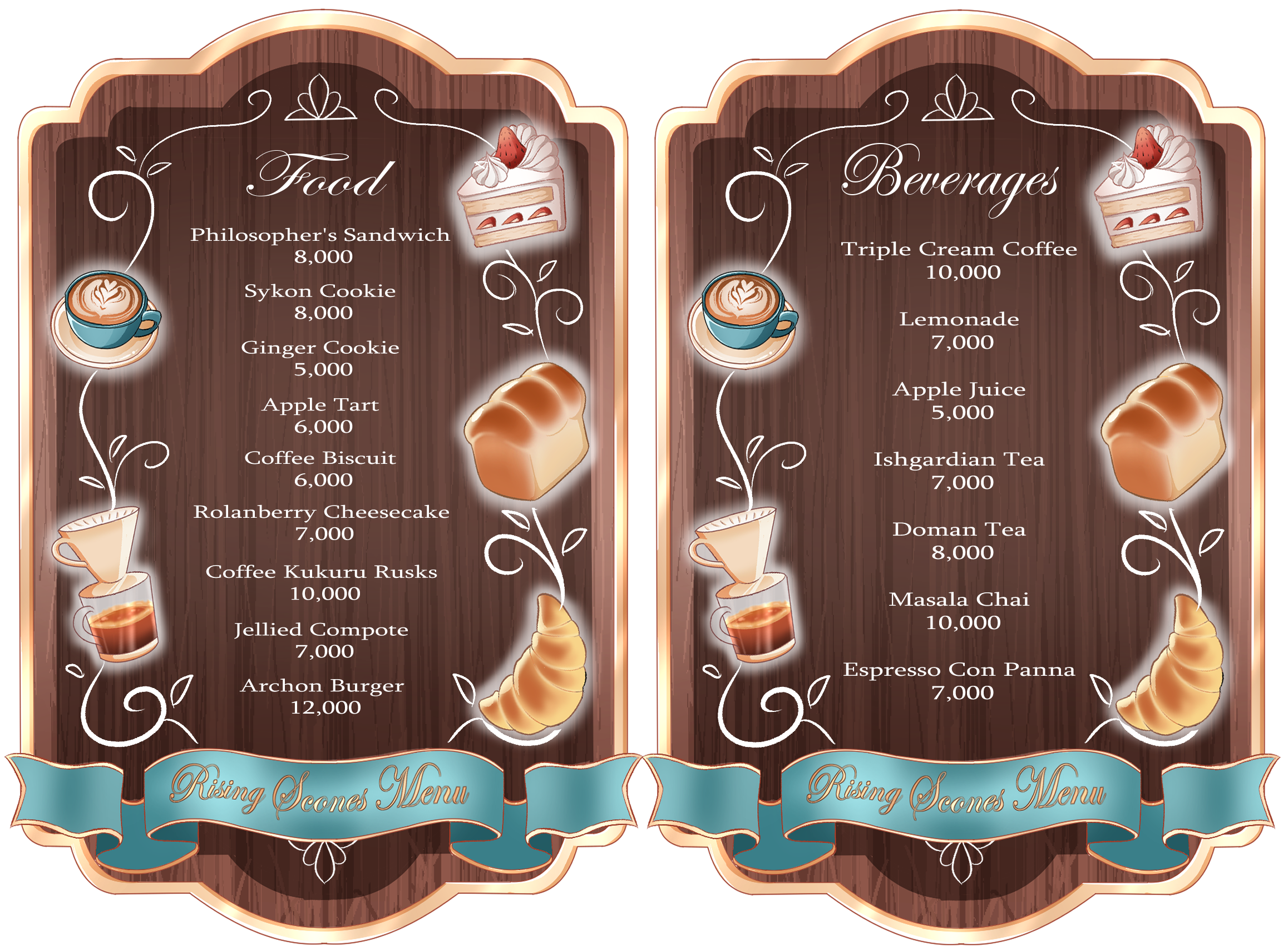 Triple Cream Coffee 10,000 Finger Sandwich 6,000 Ginger Cookie 3,000 Apple Tart 6,000 Coffee Biscuit 8,000 Rolanberry Cheesecake 10,000 Sohm Al Tart 10,000 Espresso Con Panna 7.000 Masala Chai 10,000 Lemonade 7,000